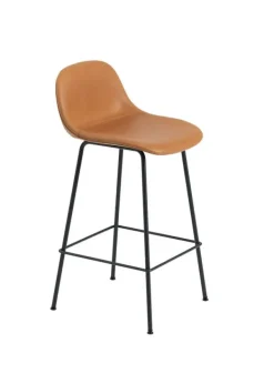 Clearance Muuto Fiber Bar Stool w/ Backrest - Tube Base Refine Læder - Cognac/Sort